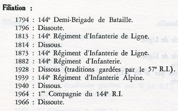 Le 144° Régiment d'Infanterie (créé 1794 et dissous en 1998 ) existera sous différentes appellations de 1966 à 1998 comme Régiment de Réserve . Le 144° Régiment d'Infanterie (créé 1794 et dissous en 1998 ) existera sous différentes appellations de 1966 à 1998 comme Régiment de Réserve .