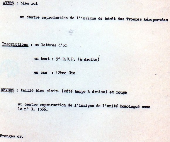   "Dossier d'homologation du Fanion de la 12° COMPAGNIE sous le numéro G:1988 "