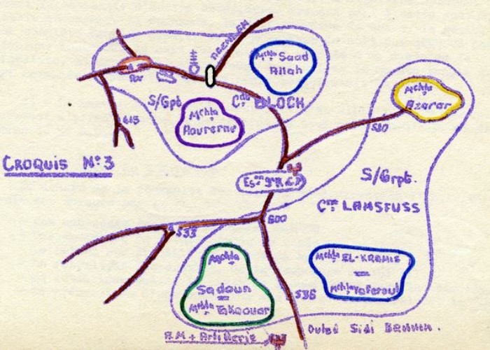 Au Nord Sous Groupement Capitaine LAMSFUSS  (2 compagnies du 9°RCP une compagnie du 151°Régiment d' Infanterie Au centre le Sous Groupement chef de Bataillon BLOCH (Le Commando et 2 compagnies du 9° RCP une Compagnie du II/ 15° Régiment de Tirailleurs Sénégalais )