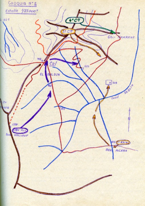 La largeur de ce croquis représente 5 kilomètres Le bord gauche est à 3 kilomètres du Col de SELMA ce qui permet une localisation approximative sur l' extrait de carte d' E.M. Cette opération met en oeuvre le 9°RCP au complet ,2 compagnies du II° / 4° R.I.C. ,une compagnie du III° / 11° R.I.C.,un escadron du 1° R.H.P.une section du 35° RALP La largeur de ce croquis représente 5 kilomètres Le bord gauche est à 3 kilomètres du Col de SELMA ce qui permet une localisation approximative sur l' extrait de carte d' E.M. Cette opération met en oeuvre le 9°RCP au complet ,2 compagnies du II° / 4° R.I.C. ,une compagnie du III° / 11° R.I.C.,un escadron du 1° R.H.P.une section du 35° RALP
