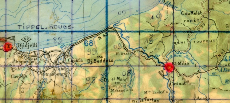 Le10 Décembre une opération placée sous les ordres du Chef de Bataillon BLOCH est montée à une trentaine de kilomètres à l' Est de DJIDJELLI dans la FORET des SEDDETS.Parti d' EL MILIA à 6 heures du matin VERT aborde sa zone d' engagement à 7 heures dans le Djebel SEDDETS .Très rapidement un emplacement pour mitrailleuses très fraîchement creusé est découvert Le10 Décembre une opération placée sous les ordres du Chef de Bataillon BLOCH est montée à une trentaine de kilomètres à l' Est de DJIDJELLI dans la FORET des SEDDETS.Parti d' EL MILIA à 6 heures du matin VERT aborde sa zone d' engagement à 7 heures dans le Djebel SEDDETS .Très rapidement un emplacement pour mitrailleuses très fraîchement creusé est découvert