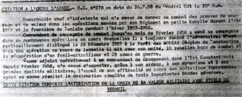 Texte de la citation à l' ordre de l' Armée attribuée au Capitaine Roger PHILIPPON à l'issue de son temps de commandement de la 4° compagnie du 9° RCP Texte de la citation à l' ordre de l' Armée attribuée au Capitaine Roger PHILIPPON à l'issue de son temps de commandement de la 4° compagnie du 9° RCP