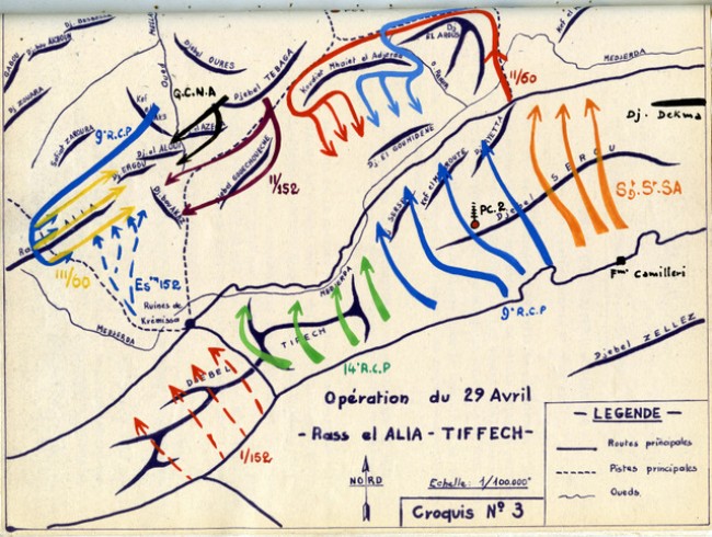Opération initiale du 29 Avril .Décidée dans le prolongement de la réduction du Djebel AROUS du 28 Avril ,elle met en oeuvre les mèmes acteurs 60° et 15-2 RI ,plus 15-1° RI .GCNA,3° R.E.I. 9° RCP et 14° RCP qui entre dans l' arène . Opération initiale du 29 Avril .Décidée dans le prolongement de la réduction du Djebel AROUS du 28 Avril ,elle met en oeuvre les mèmes acteurs 60° et 15-2 RI ,plus 15-1° RI .GCNA,3° R.E.I. 9° RCP et 14° RCP qui entre dans l' arène .