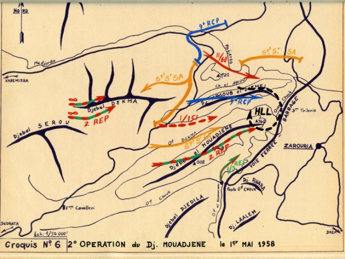 2° Opération du Djebel MOUADJENE le 1° Mai 1958 .A 6 heures du matin une opération est lancée pour récupèrer les éventuels rebelles ayant échappé aux combats du 30 Avril .Le 9° RCP renforcé de 2 compagnies du GCNA se prépare à intervenir sur KEF el AKS 2° Opération du Djebel MOUADJENE le 1° Mai 1958 .A 6 heures du matin une opération est lancée pour récupèrer les éventuels rebelles ayant échappé aux combats du 30 Avril .Le 9° RCP renforcé de 2 compagnies du GCNA se prépare à intervenir sur KEF el AKS